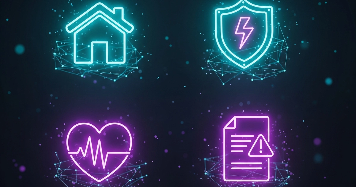 Gráficos digitales de casa, salud, documentos y protección, que representan visualmente la clasificación y tipos de riesgos en seguros en distintos ámbitos personales y patrimoniales.