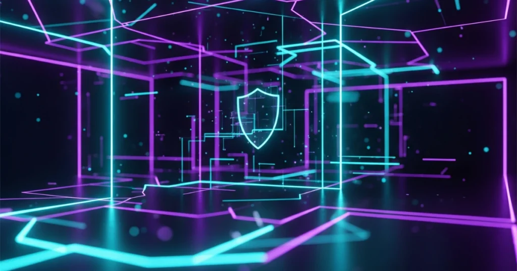 Entorno digital abstracto con líneas de neón moradas y azules formando estructuras geométricas, con un escudo al centro que simboliza protección en un entorno tecnológico.