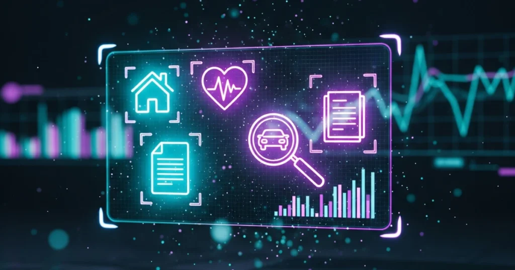 Panel digital con íconos de casa, salud, documentos y automóvil sobre un fondo de gráficas, ilustrando visualmente la clasificación y tipos de riesgos en seguros en el entorno digital moderno.