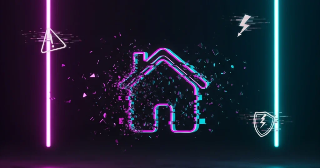 Casa con colores azul neon y rosa neon, con unos símbolos cayendo.