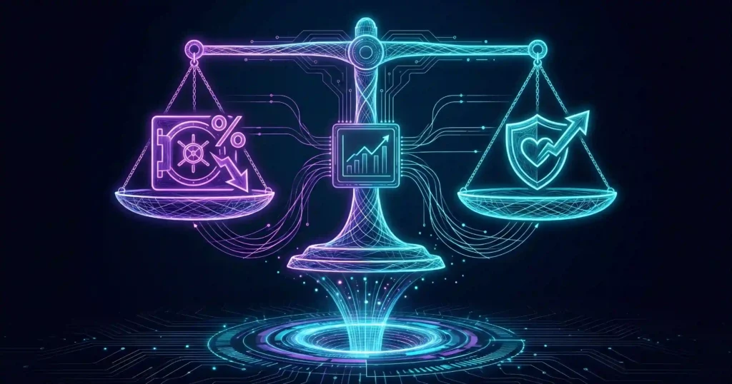 Gráfico de balanza en neón equilibrando el ahorro en el tipo de interés de una hipoteca frente a la contratación de un seguro de vida para proteger el préstamo.