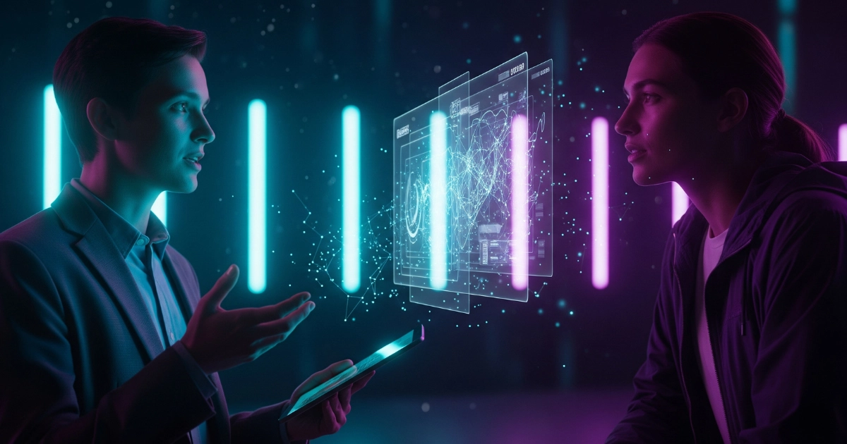 Mediador de seguros le explica a mujer distintas opciones de seguro a través de una tablet con material holográfico neones de fondo.