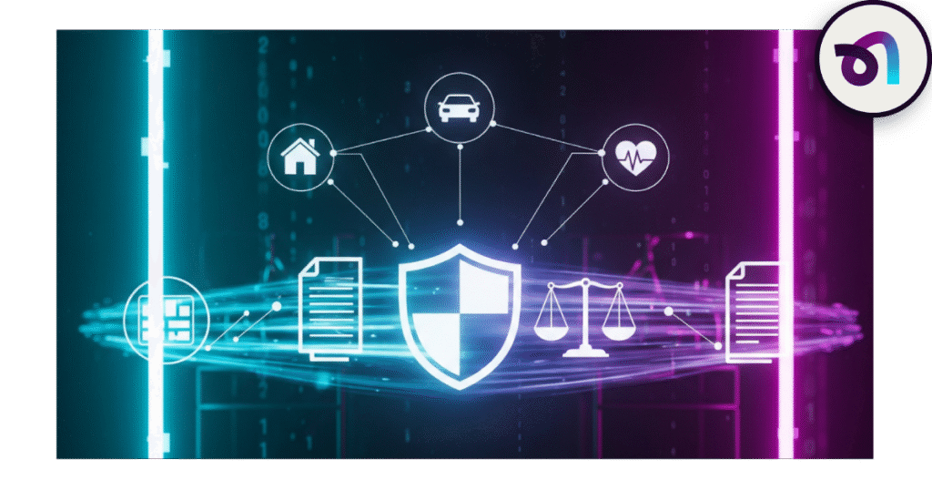 Distintas simbologías que recrean una póliza de seguros, protección y una balanza para hablar de la mediación en los seguros.