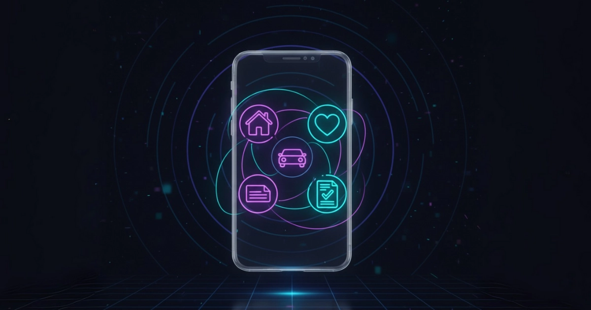 Smartphone con iconos de seguros de coche, hogar, salud y vida representando las mejores apps de gestión de seguros.