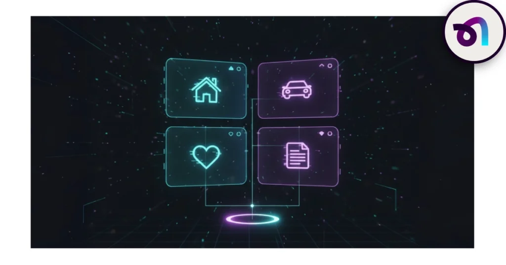 Interfaz futurista con iconos de hogar, coche, salud y documentos digitales, representando las mejores apps de gestión de seguros para tenerlo todo controlado desde un solo lugar.