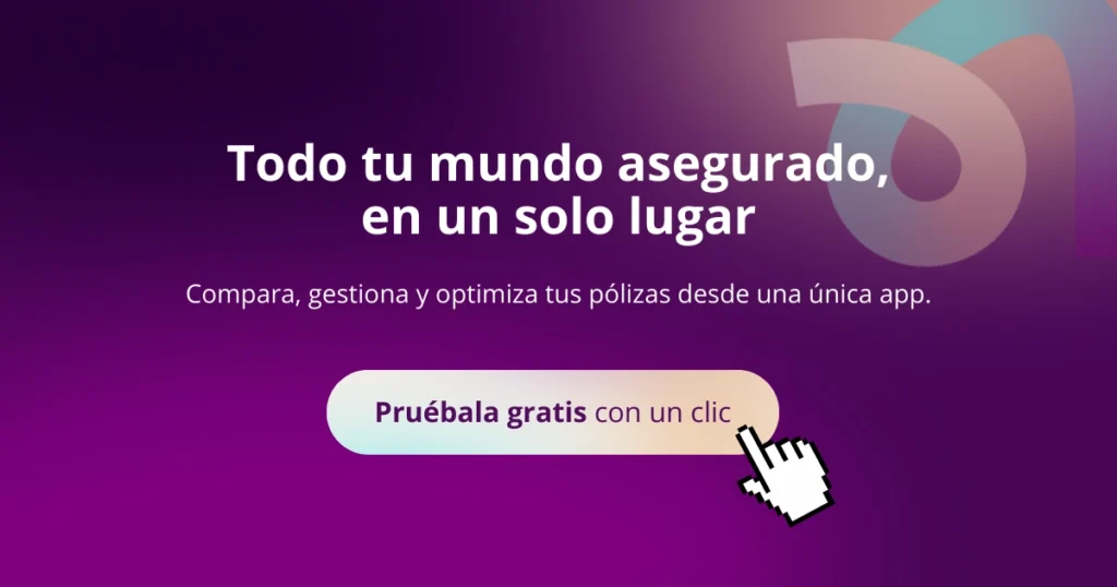 Mensaje promocional de una app de seguros (Aniwa) con fondo degradado púrpura y botón interactivo que invita a probar la plataforma gratis con un clic.