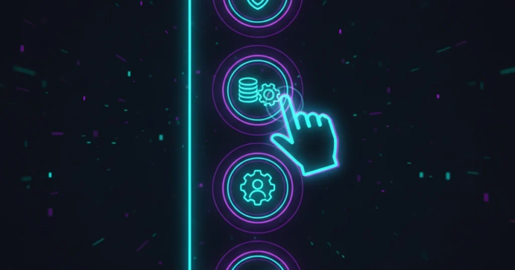 Interfaz futurista que simboliza la selección de funcionalidades dentro de las mejores apps de gestión de seguros.