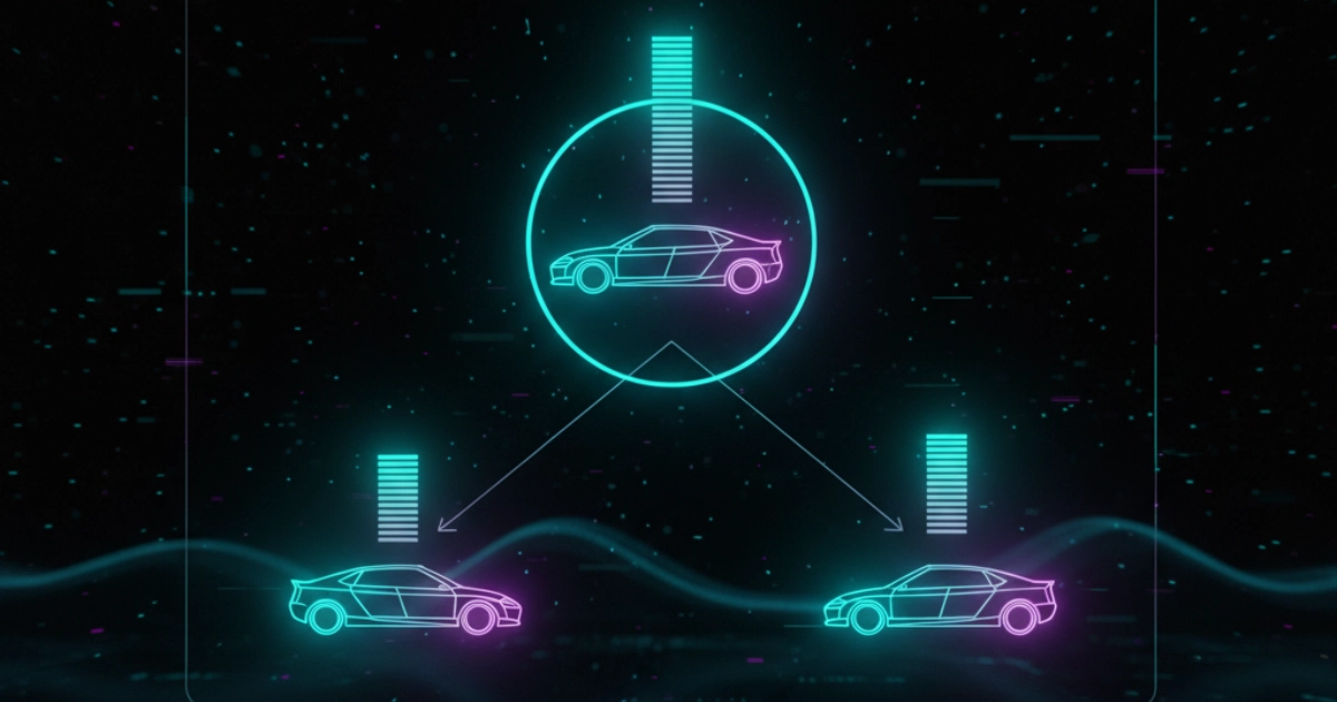 Ilustración digital de coches conectados mediante tecnología, simbolizando la comparación de servicios entre las mejores compañías de seguros de coche.