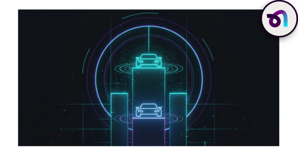 Ranking visual de coches con diseño futurista, representando la comparación entre las mejores compañías de seguros de coche del mercado.