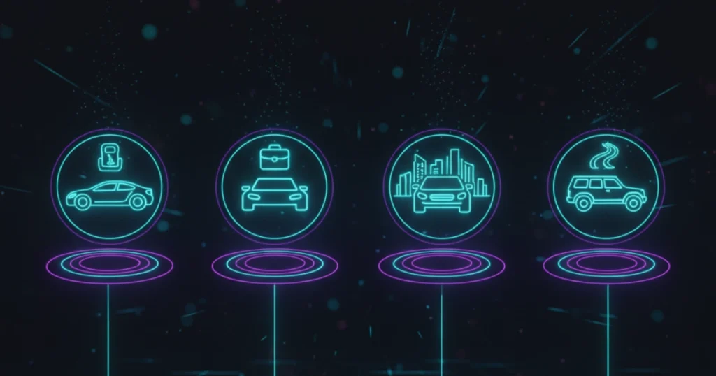 Iconos futuristas representando distintos tipos de vehículos (urbanos, SUV, ejecutivos y familiares), ideales para destacar las mejores compañías de seguros de coche según tipo de conductor y uso.