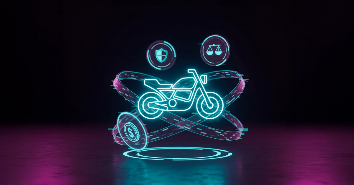 Moto rodeada de un escudo, una balanza y una moneda, representando los mejores seguros de moto.