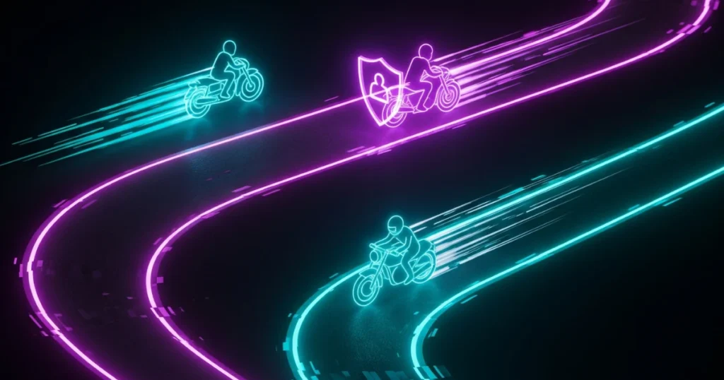 Tres motoristas circulando por carreteras de neon.