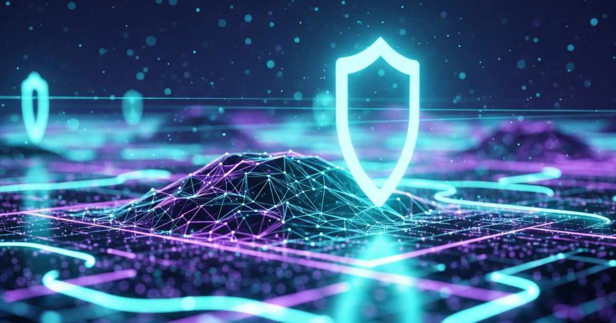 Escudo brillante flotando sobre una red digital con topografía de datos, representando visualmente qué es un agregador de seguros y su función de protección y conexión entre usuarios y aseguradoras.