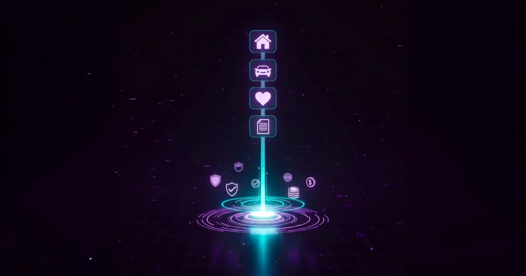 Interfaz digital futurista con íconos de casa, coche, salud y documentos alineados verticalmente sobre un haz de luz, simbolizando la gestión inteligente de seguros.