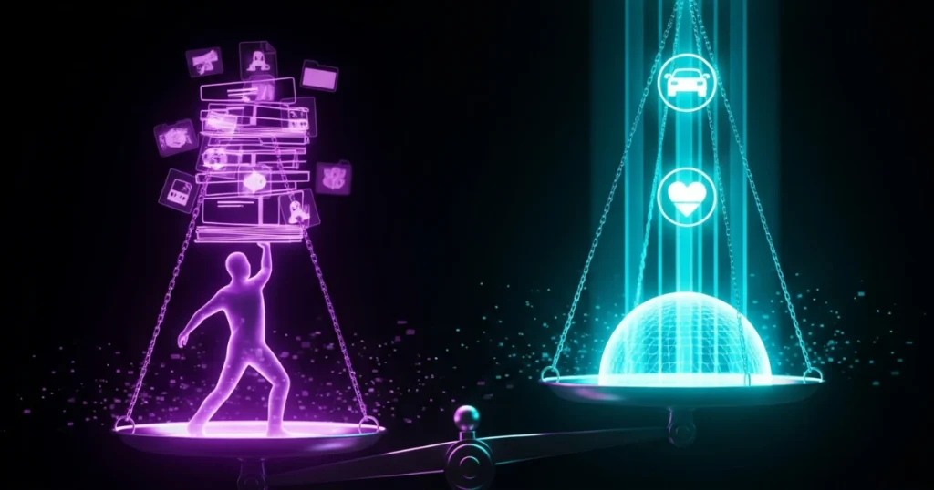 Balanza digital que compara a una persona sobrecargada de documentos frente a una solución optimizada con íconos de seguro, ejemplificando qué es un agregador de seguros y cómo simplifica la gestión de coberturas.