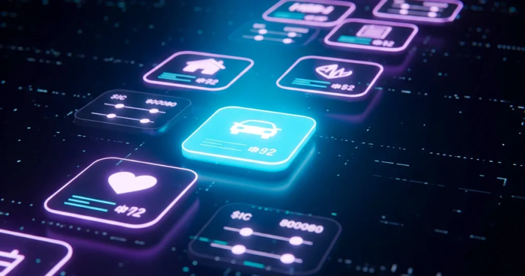 Interfaz digital con íconos brillantes de seguros para coche, casa, salud y documentos, simulando una plataforma interactiva de comparación de coberturas.