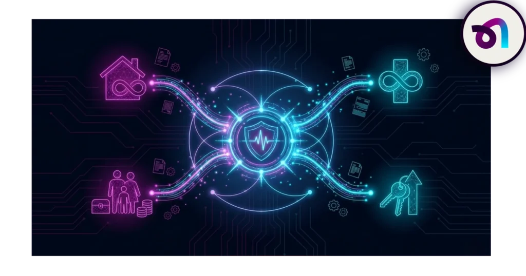 Gráfico infográfico de seguros deducibles con iconos de vivienda, salud, vida y llaves conectados a un escudo de protección central sobre un circuito digital.