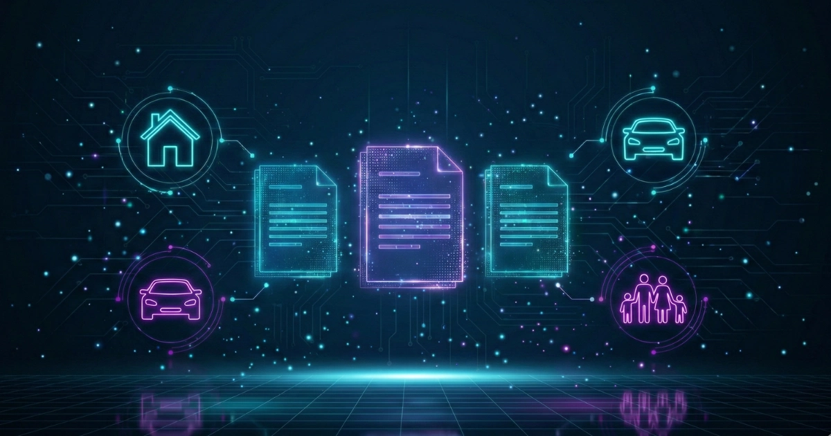 Revisión anual de tus seguros ejemplificado en diversas pólizas flotando.