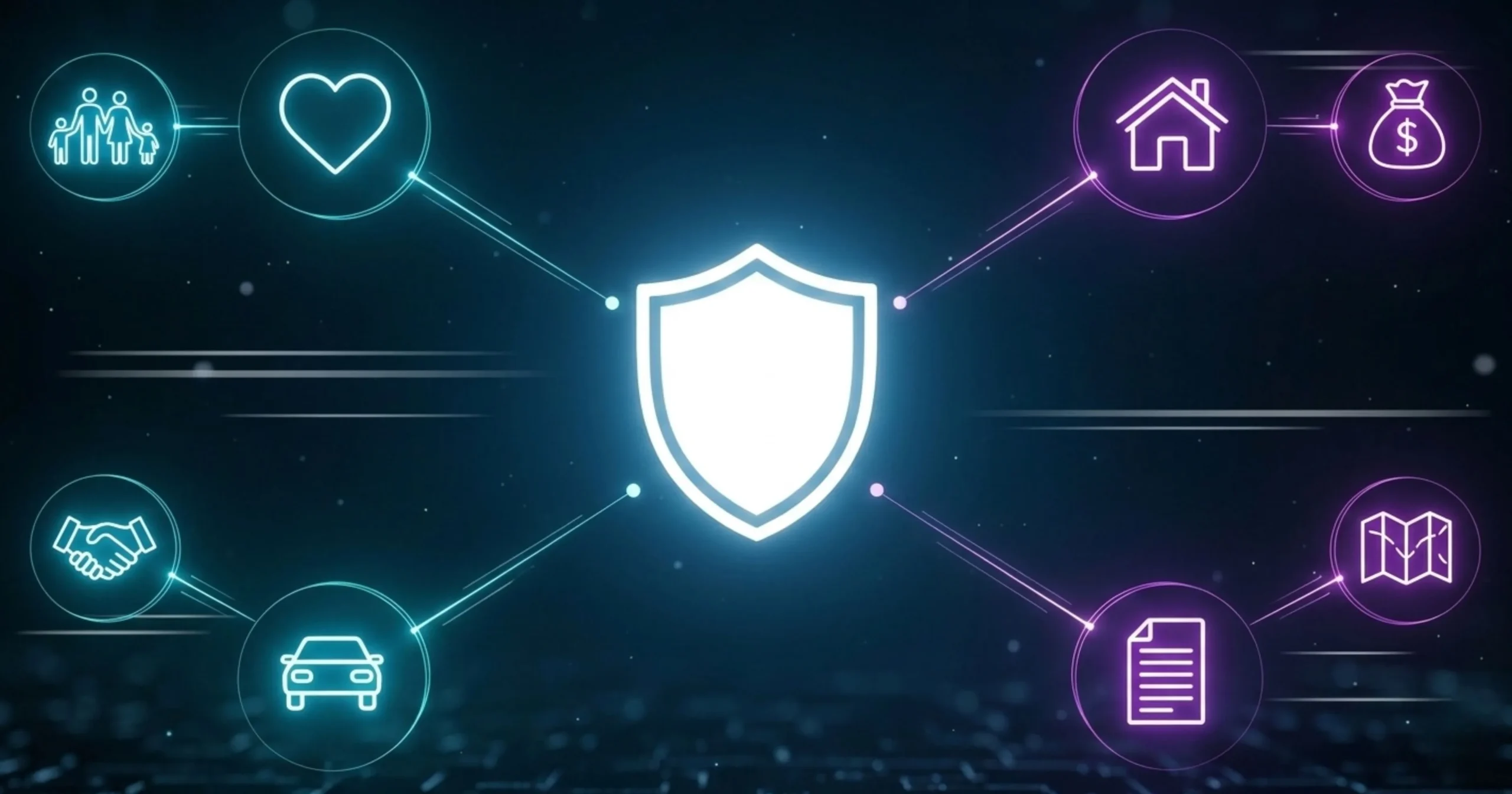 Infografía sobre cobertura de seguros contra estafas digitales, mostrando un escudo protector conectado a iconos de hogar, vida, familia y finanzas.