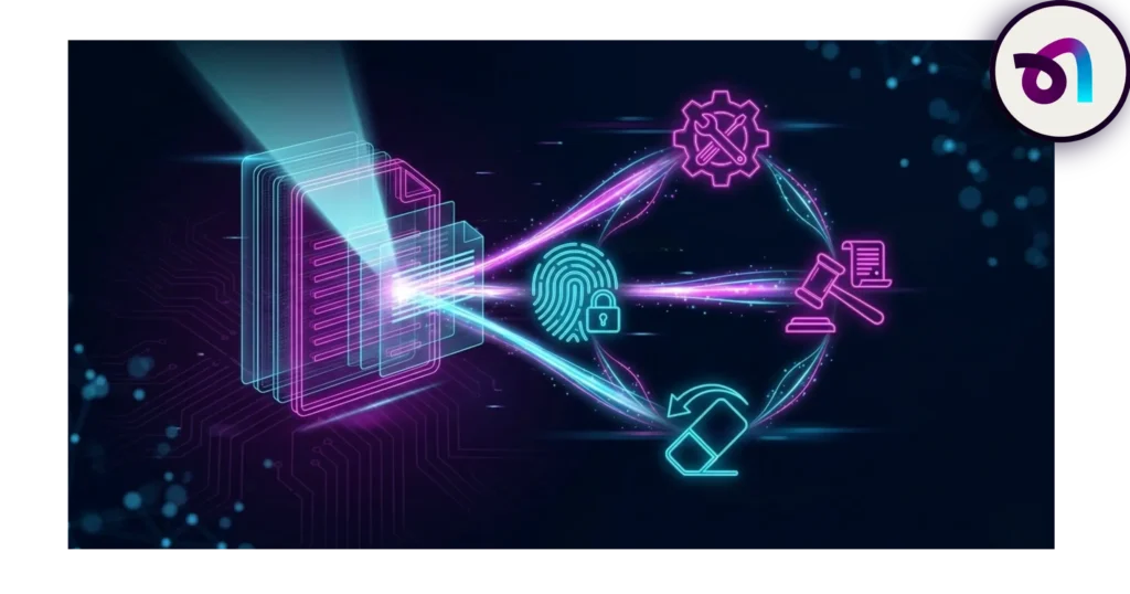 Representación digital de protección de identidad y asistencia legal en seguros, con iconos de huella dactilar, mazo de justicia y gestión de documentos.