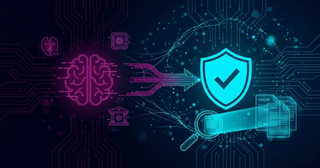 Gráfico de ciberseguridad que conecta la inteligencia digital con pólizas de seguros de hogar y vida para prevenir ciberestafas y robo de datos.
