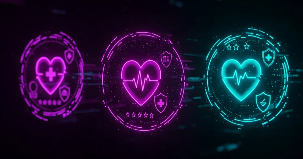 3 opciones de seguros de salud, dos de ellas pintadas de rosa y una resaltada en un azul verdoso.