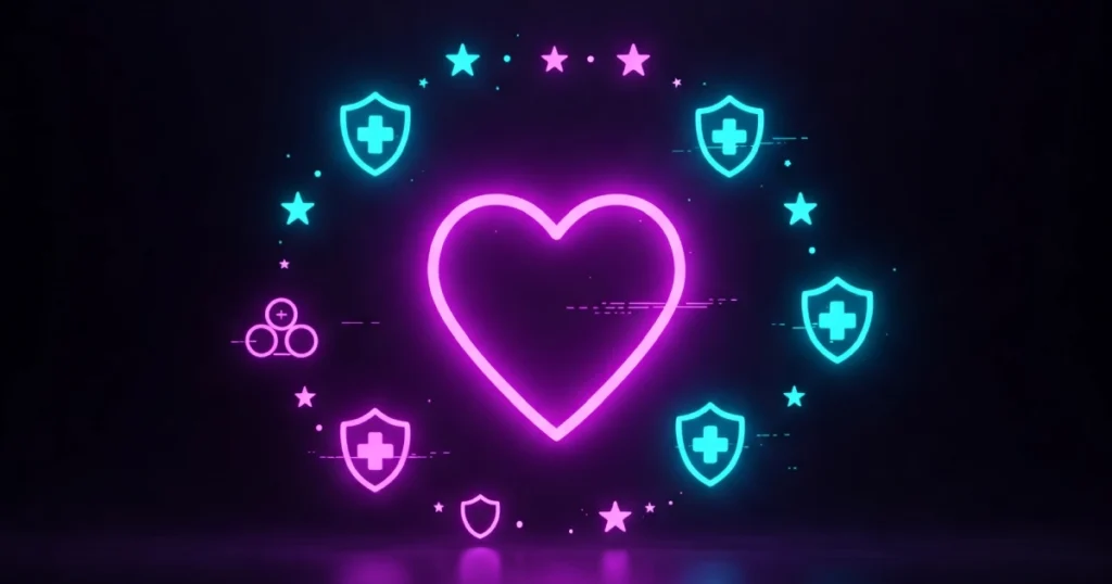 Corazón que simboliza a una persona y diferentes logotipos que lo rodean para ejemplificar los beneficios de conocer y contratar los seguros de salud mejor valorados.