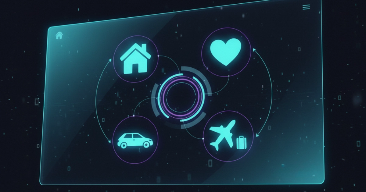 ventajas-de-centralizar-tus-polizas-con-aniwa-1 Logotipos que representan los diferentes seguros (hogar, vida, salud y motor) para mostrar las ventajas de centralizar las pólizas con Aniwa.